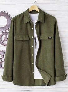 Manfinity Hypemode Men Letter Patched Detail Corduroy Shirt Without Tee - Army Green - View 1