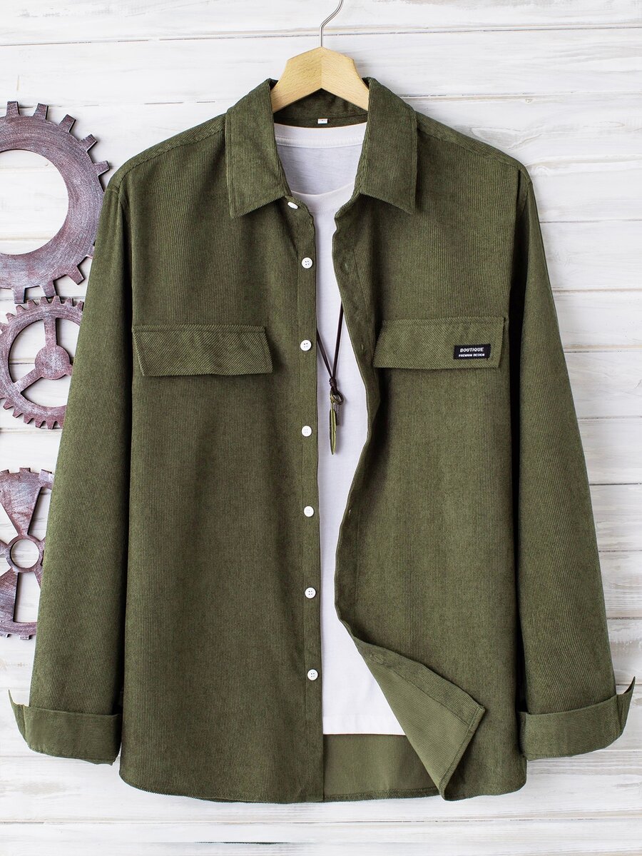 Manfinity Hypemode Men Letter Patched Detail Corduroy Shirt Without Tee - Army Green - View 1