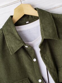 Manfinity Hypemode Men Letter Patched Detail Corduroy Shirt Without Tee - Army Green - View 3