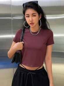 DAZY Chất rắn Áo phông Crop - Màu Đỏ Sâu - Xem 2