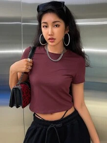 DAZY Chất rắn Áo phông Crop - Màu Đỏ Sâu - Xem 6