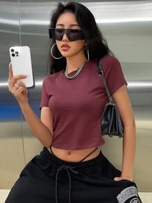 DAZY Chất rắn Áo phông Crop - Màu Đỏ Sâu - Xem 8