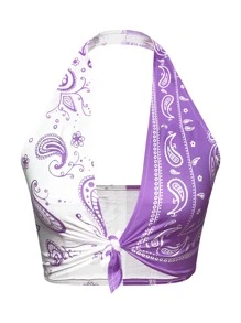 SHEIN Unity Two Tone Paisley Knotted Halter Crop Top - Multicolor - View 1