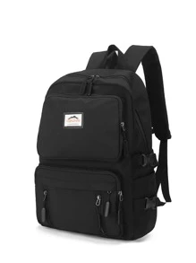 Letter Patch Pocket Front Backpack - Black - View 2
