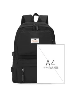 Letter Patch Pocket Front Backpack - Black - View 3