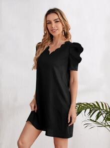 EMERY ROSE 貝殼邊泡泡袖直筒洋裝