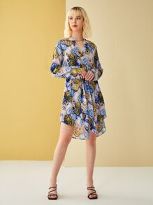 BellasylDesign Đầm Bất đối xứng Thắt lưng Nút Tất cả trên in Giải trí - Nhiều màu - Xem 4