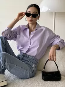 DAZY Camisa de manga larga con bolsillo delantero y hombros caídos - Lila Púrpura - Ver 1