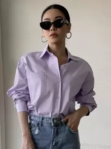 DAZY Camisa de manga larga con bolsillo delantero y hombros caídos - Lila Púrpura - Ver 4