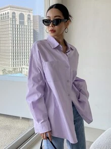 DAZY Camisa de manga larga con bolsillo delantero y hombros caídos - Lila Púrpura - Ver 5