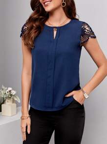 EMERY ROSE Contrast Guipure Lace Sleeve Notched Neck Blouse - Navy Blue - View 1
