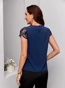 EMERY ROSE Contrast Guipure Lace Sleeve Notched Neck Blouse - Navy Blue - View 2