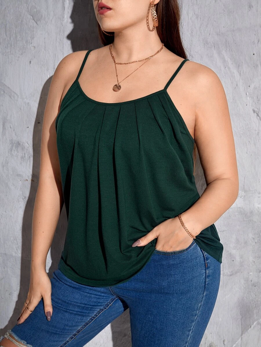 SHEIN LUNE Plus Plicated Front Cami Top - Dark Green - View 1