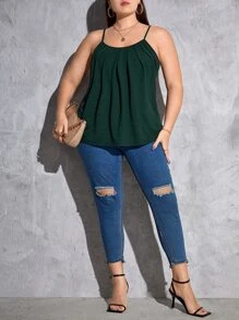 SHEIN LUNE Plus Plicated Front Cami Top - Dark Green - View 3