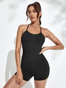 Yoga Basic Crisscross Back Halter Sports Romper - Black - View 2