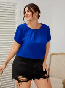 SHEIN Clasi Áo sơ mi Plus Size cườm đính Ngọc trai màu trơn Giải trí - Xanh đậm - Xem 1