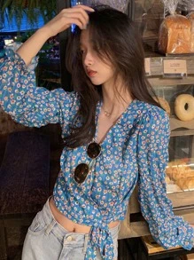 小碎花瑪麗袖裹身襯衫 - 藍色 - 查看 1