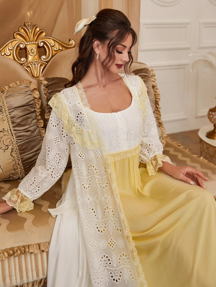 Bộ đồ ngủ Nữ Thắt lưng Nút Tương phản ren Xù Tranh thêu Khối Màu Hoàng gia - Nhiều màu - Xem 1