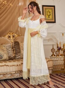 Bộ đồ ngủ Nữ Thắt lưng Nút Tương phản ren Xù Tranh thêu Khối Màu Hoàng gia - Nhiều màu - Xem 4