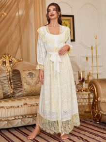 Bộ đồ ngủ Nữ Thắt lưng Nút Tương phản ren Xù Tranh thêu Khối Màu Hoàng gia - Nhiều màu - Xem 5