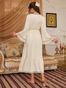 Camisón con mangas de trompeta, volantes y encaje de contraste, vestido largo de lujo para estar en casa, vestido de dormir, otoño - Albaricoque - Ver 2