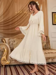 Camisón con mangas de trompeta, volantes y encaje de contraste, vestido largo de lujo para estar en casa, vestido de dormir, otoño - Albaricoque - Ver 4