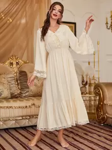 Camisón con mangas de trompeta, volantes y encaje de contraste, vestido largo de lujo para estar en casa, vestido de dormir, otoño - Albaricoque - Ver 5