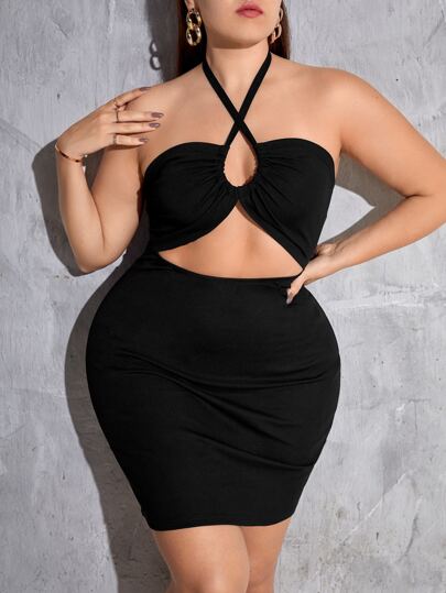 Plus Cut Out Criss Cross Front Halter Neck Bodycon Dress