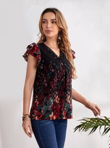 EMERY ROSE Floral Print Contrast Lace Ruffle Blouse - Multicolor - View 1