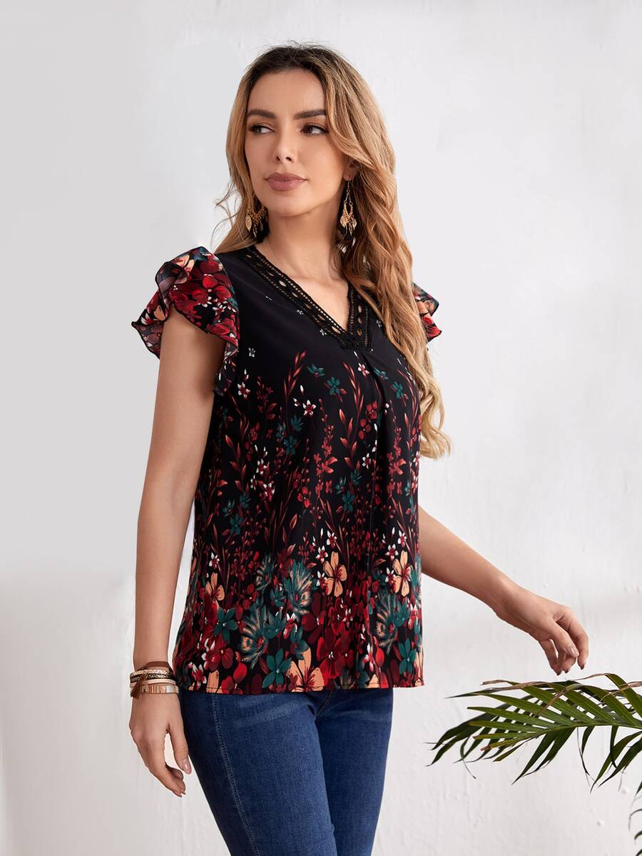 EMERY ROSE Floral Print Contrast Lace Ruffle Blouse - Multicolor - View 1