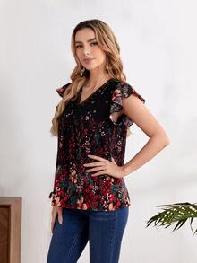 EMERY ROSE Floral Print Contrast Lace Ruffle Blouse - Multicolor - View 3