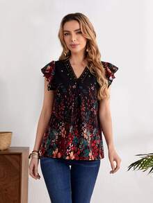 EMERY ROSE Floral Print Contrast Lace Ruffle Blouse - Multicolor - View 4