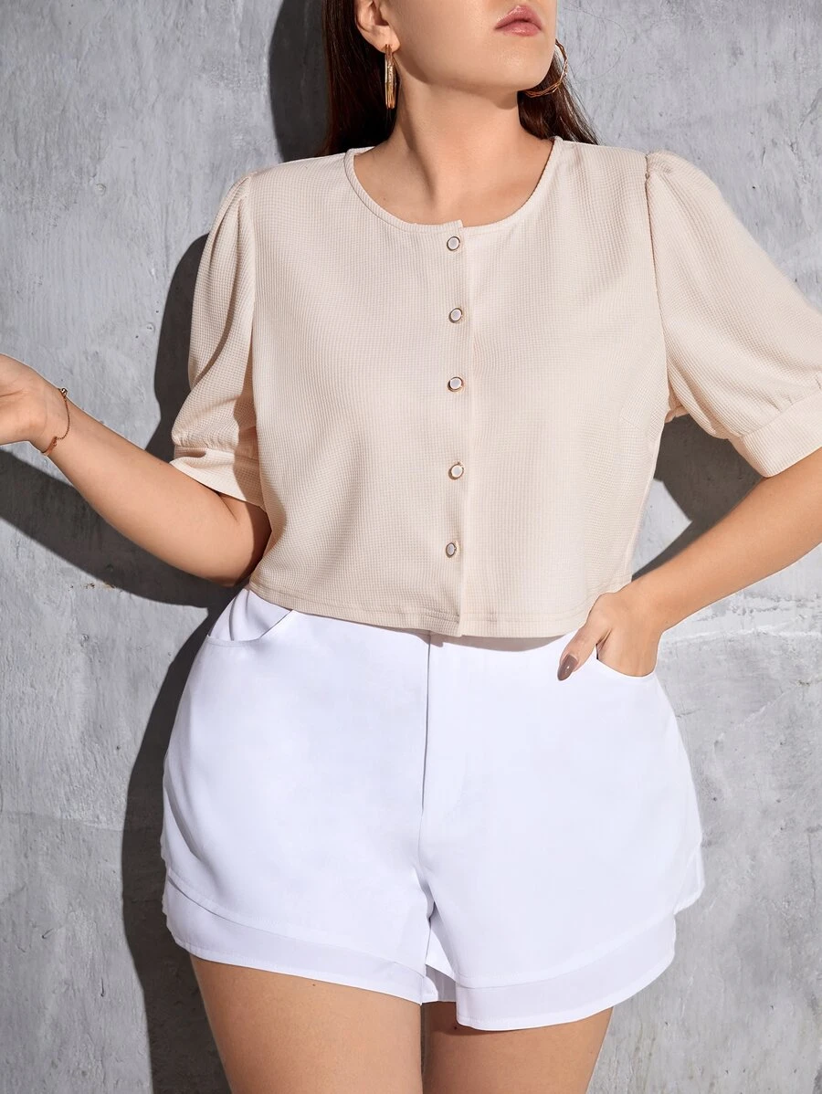 SHEIN Essnce Plus Button Front Puff Sleeve Tee
