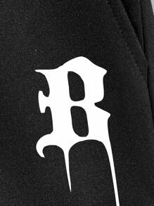 Manfinity Campus Court 男士寬鬆休閒短褲，具有字母圖案和條紋修飾的籃球運動褲風格 - 黑色 - 查看 4