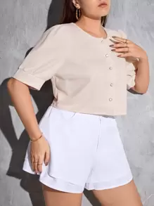 SHEIN Essnce Plus Button Front Puff Sleeve Tee