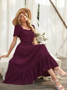SHEIN Holidaya Ruffle Hem Puff Sleeve Dress - Purple - View 1