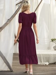 SHEIN Holidaya Ruffle Hem Puff Sleeve Dress - Purple - View 2