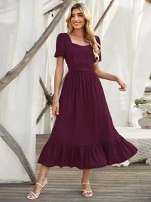 SHEIN Holidaya Ruffle Hem Puff Sleeve Dress - Purple - View 3