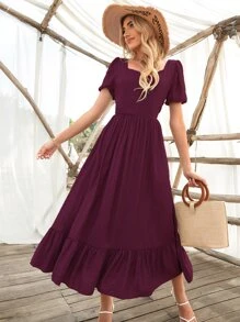 SHEIN Holidaya Ruffle Hem Puff Sleeve Dress - Purple - View 4