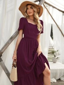 SHEIN Holidaya Ruffle Hem Puff Sleeve Dress - Purple - View 5