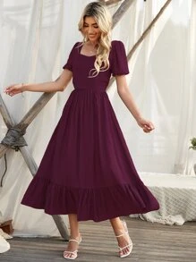 SHEIN Holidaya Ruffle Hem Puff Sleeve Dress - Purple - View 6