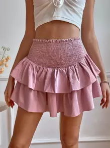 Shirred Waist Layered Hem Skirt - Dusty Pink - View 1