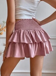 Shirred Waist Layered Hem Skirt - Dusty Pink - View 2