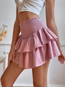Shirred Waist Layered Hem Skirt - Dusty Pink - View 4