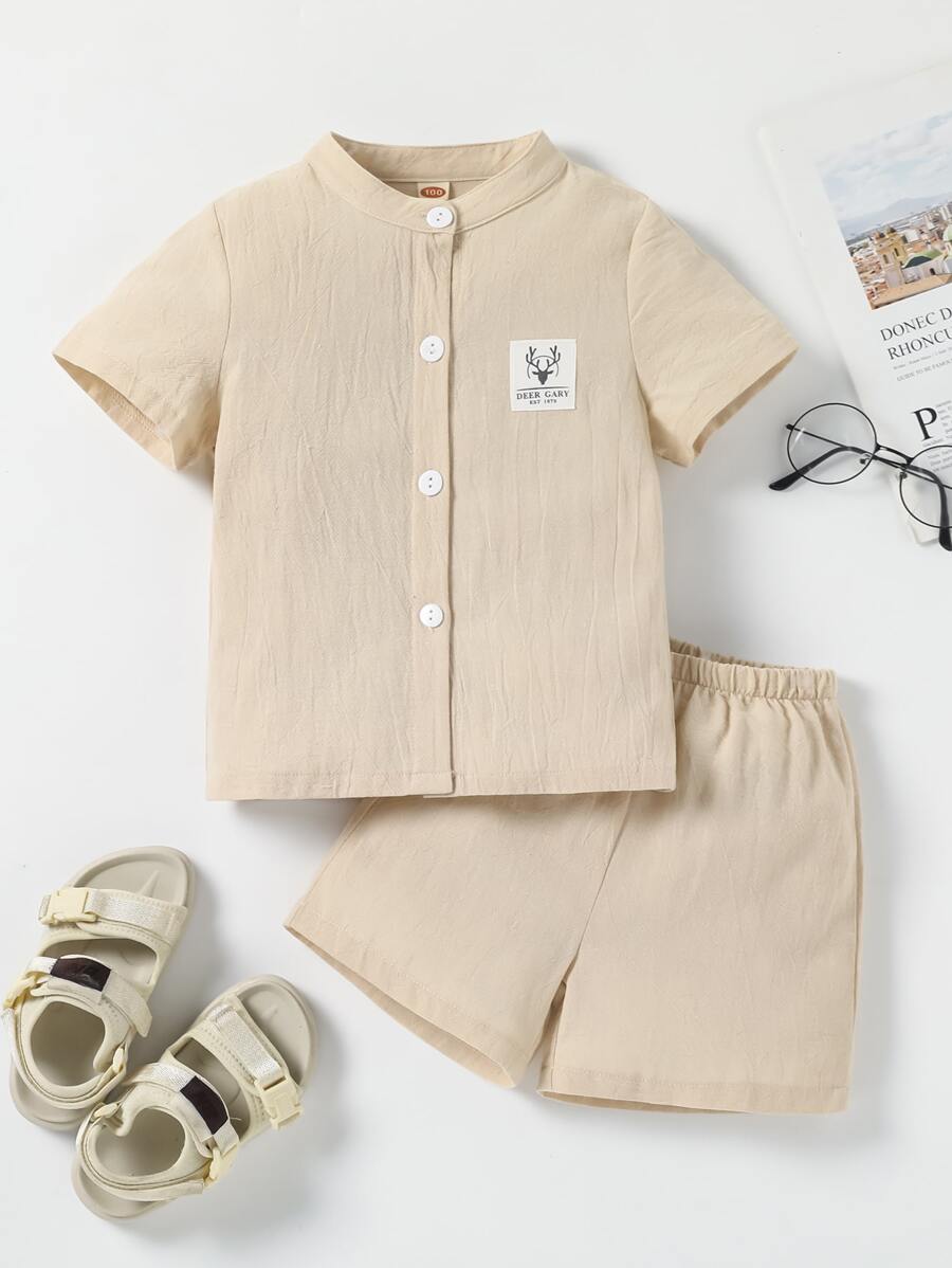 SHEIN 小男童補丁細節襯衫和短褲 - 卡其色 - 查看 1