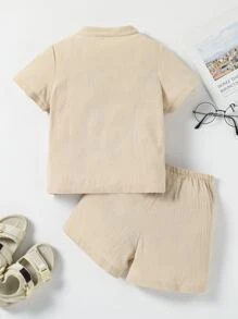 SHEIN 小男童補丁細節襯衫和短褲 - 卡其色 - 查看 2