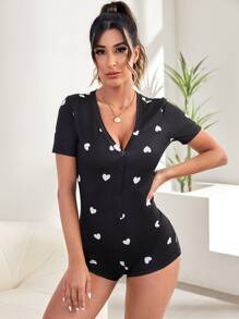 Heart Print Half Button Sleep Romper - Black - View 3