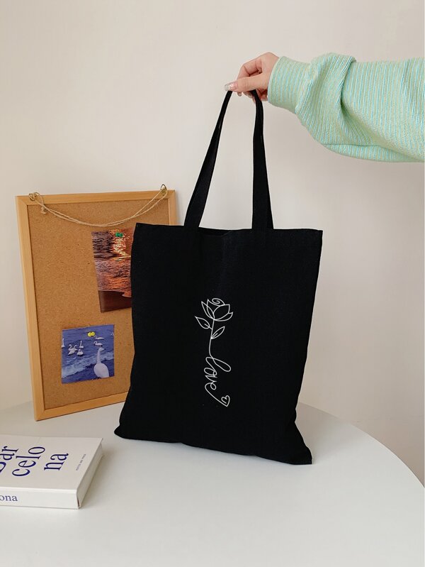 Floral & Letter Graphic Shopper Bag School Bag For Graduate, Teen Girls, Freshman, Sophomore, Junior & Senior In College, University & High School, Perfect For Outdoors ,Travel & Back To School