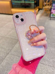 Rhombus Texture Phone Case With Rhinestone Ring Holder