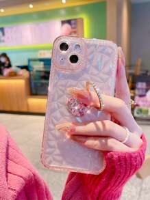 Rhombus Texture Phone Case With Rhinestone Ring Holder